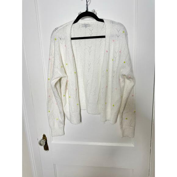FRNCH Paris White Lightweight Rosette Embroidered Floral Cardigan Sweater Medium - Picture 1 of 9